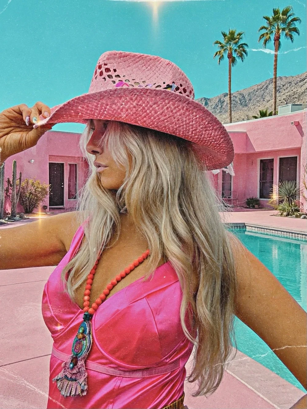 Pink Straw Cowboy Hat with Decorative Band